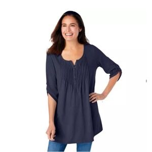 Woman Within 7-Day 3/4 Sleeve Pintuck Henley Tunic 26/28 2X Navy Roll Tab Sleeve
